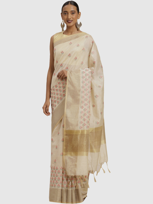 Soch Beige Cotton Embroidered Sarees With Blouse Price in India