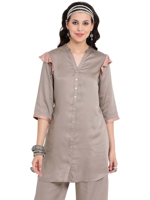 Lela Beige Viscose Shirt With Pink Frill Price in India