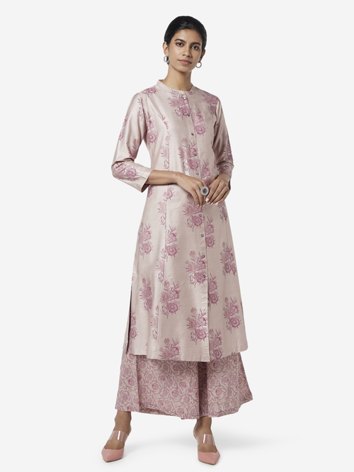 Zuba by Westside Lilac Floral Print Band-Neck A-line Kurta Price in India