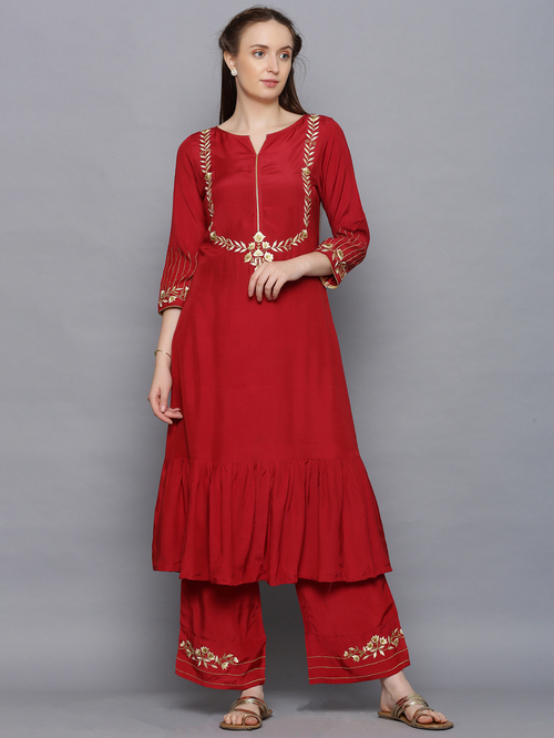 Amaiva Red Embroidered Kurta Palazzo Set Price in India