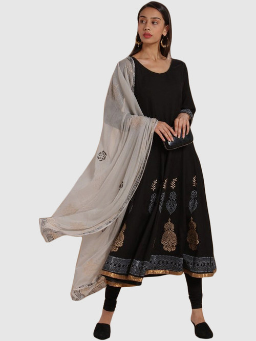 Imara Black Printed Kurta Churidar Set With Dupatta Price in India