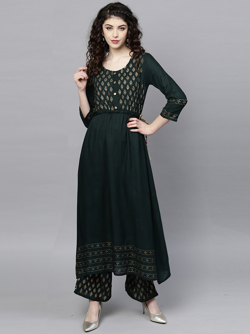 Ishin Green Printed Kurta Palazzo Set Price in India