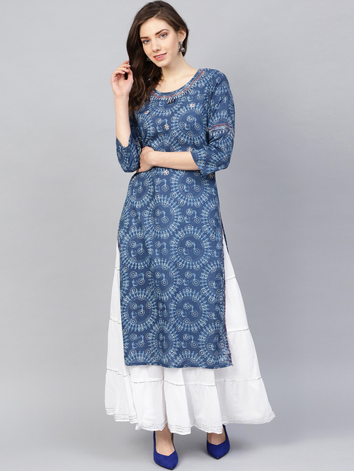 Ishin Blue & White Cotton Printed Kurta Skirt Set Price in India