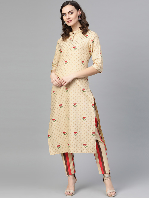 Inddus Beige Cotton Floral Print Kurta Pant Set Price in India