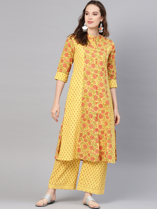 Juniper Yellow Cotton Floral Print Kurti Palazzo Set Price in India