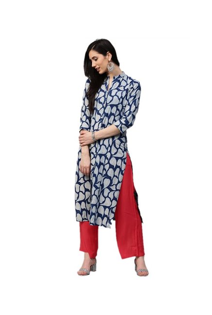 Jaipur Kurti Navy & Red Printed Cotton Kurta & Palazzo Price in India