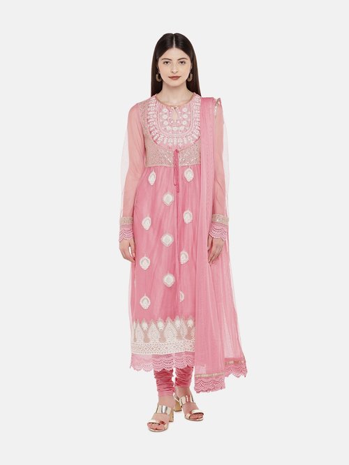 Ethnicity Pink Embroidered A Line Kurti Price in India