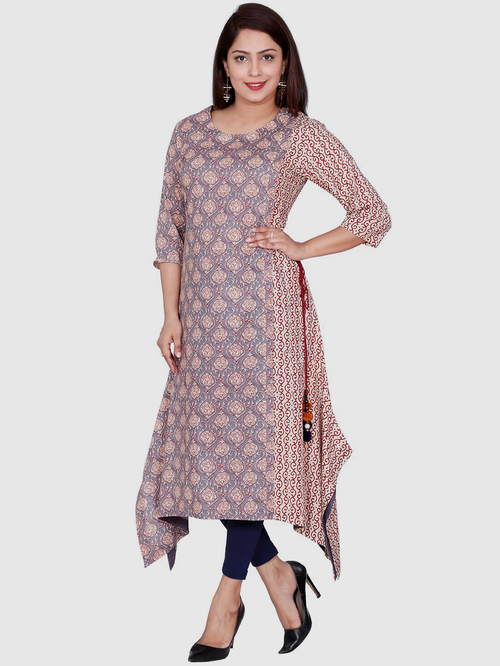 Suti Blue & Beige Cotton Printed A Line Kurti Price in India