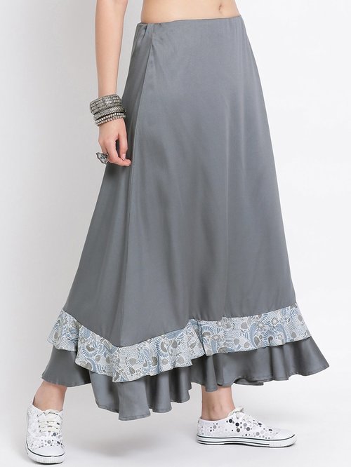 Lela Grey Stone Long Skirt With Printed Frill At Bottom Price in India