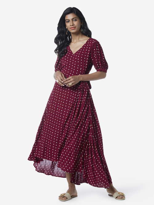 LOV by Westside Burgundy Polkadot Patterned Bernie Dress Price in India