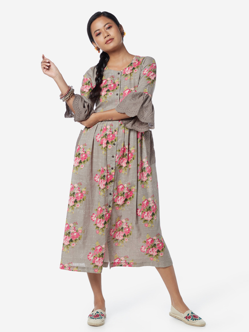 Bombay Paisley by Westside Taupe Floral Fit-And-Flare Dress Price in India