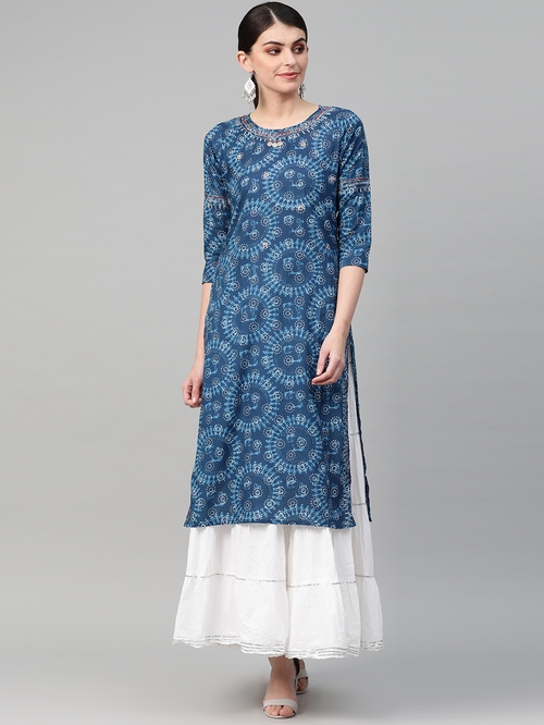 Ishin Blue & White Cotton Printed Kurta Skirt Set Price in India