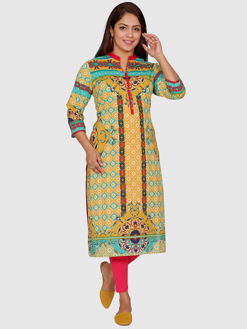 Suti Mustard Cotton Printed Straight Kurti Price in India