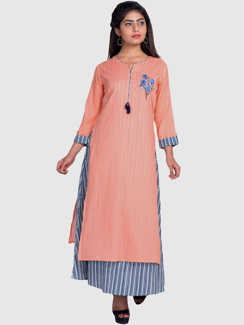 Suti Peach & Blue Cotton Embroidered A Line Double Layered Kurti Price in India