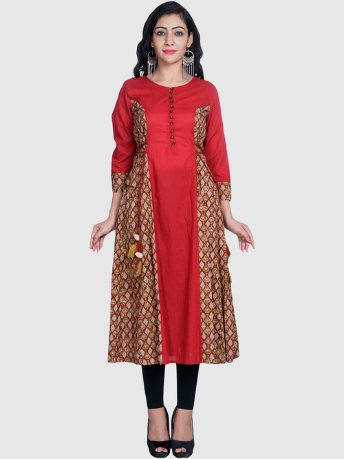 Suti Red Cotton Printed A Line Kurti Price in India