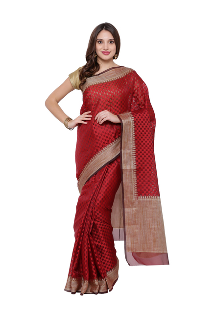 Avishi Red Cotton Woven Pattern Saree With Blouse Price in India