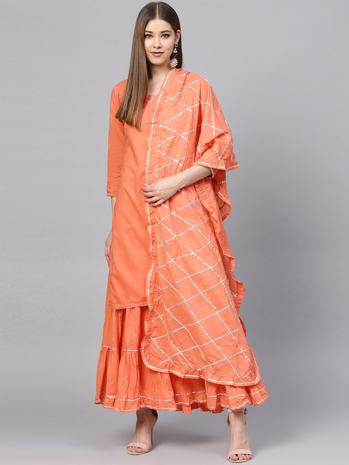 Ishin Peach Cotton Kurta Sharara Set With Dupatta Price in India