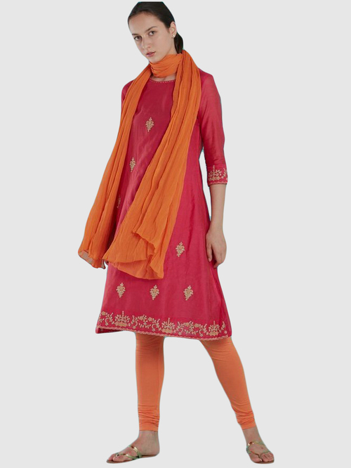 Imara Pink & Orange Embroidered Kurta Churidar Set With Dupatta Price in India