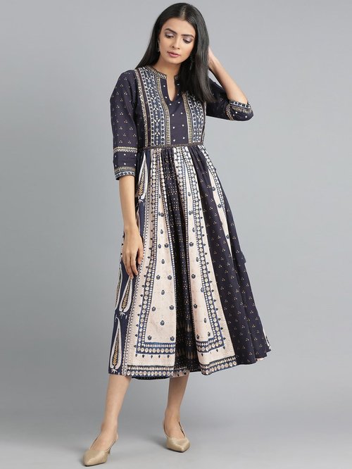 W Blue Cotton Printed A-Line Dress Price in India