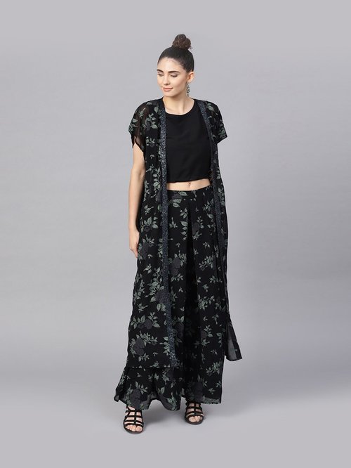 Ahalyaa Black Top Palazzo Set With Jacket Price in India