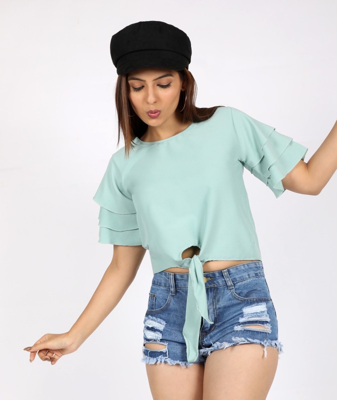 Casual Flutter Sleeve Solid Women Light Blue Top Price in India