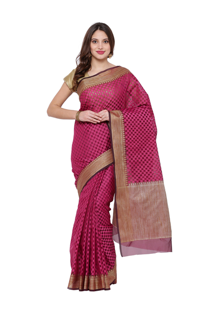 Avishi Pink Cotton Woven Pattern Saree With Blouse Price in India