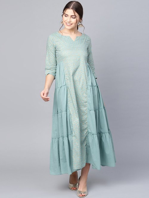 Juniper Mint Green Cotton Printed A Line Kurti Price in India