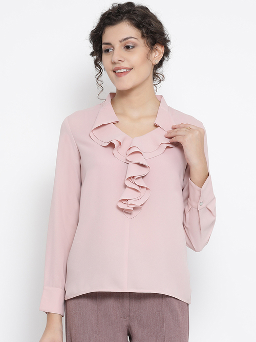 Office & You Pink Georgette Top With Drape Collar Price in India