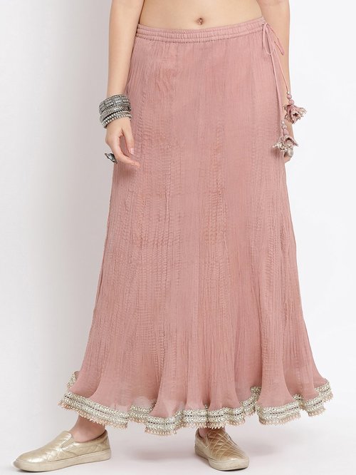 Lela Peach Chiffon Crinkle Skirt With Lace Price in India