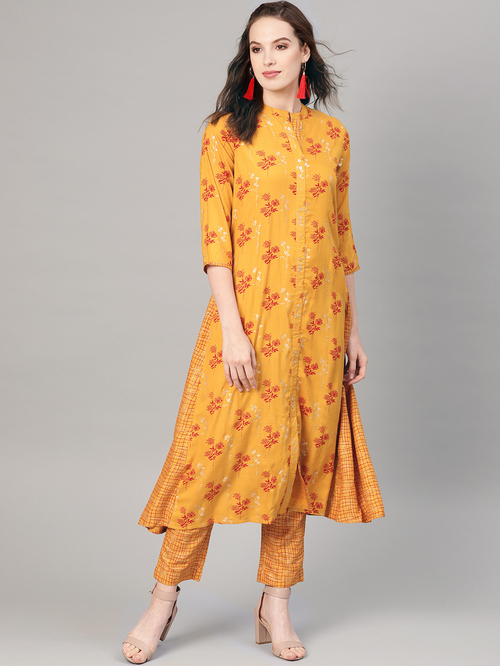 Juniper Mustard Floral Print Kurti Pant Set Price in India