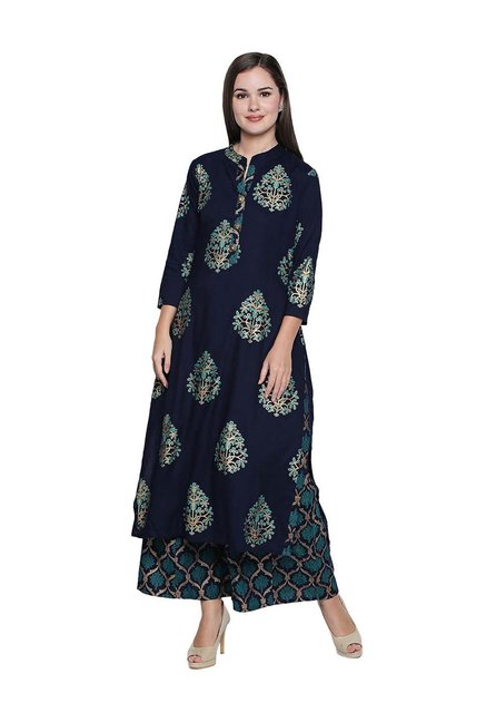 Ishin Navy Printed Kurta & Palazzo Set Price in India