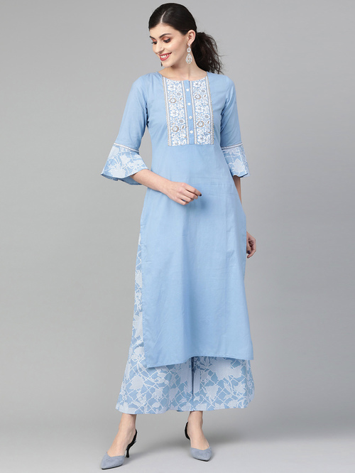 Varanga Blue Cotton Floral Print Kurta Palazzo Set Price in India