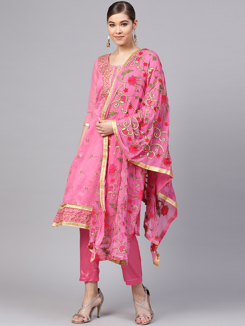 Ishin Pink Embroidered Kurta Pant Set With Dupatta Price in India