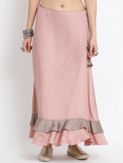 Lela Peach Long Skirt With Printed Frill At Bottom Price in India