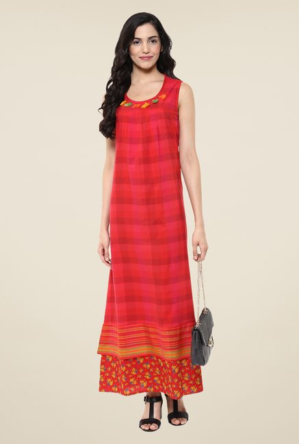 Fusion Beats Red Checks Dress Price in India