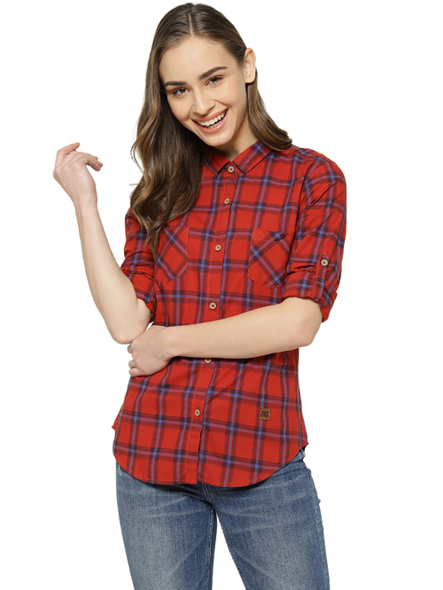 Campus Sutra Red & Light Blue Checks Shirt Price in India