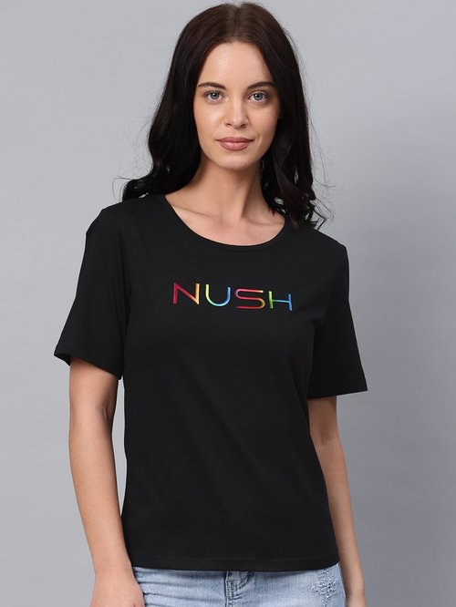 NUSH Black Printed T-Shirt Price in India