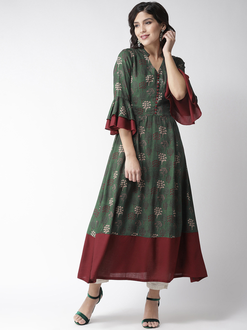 PlusS Green & Maroon Printed Kurta Price in India