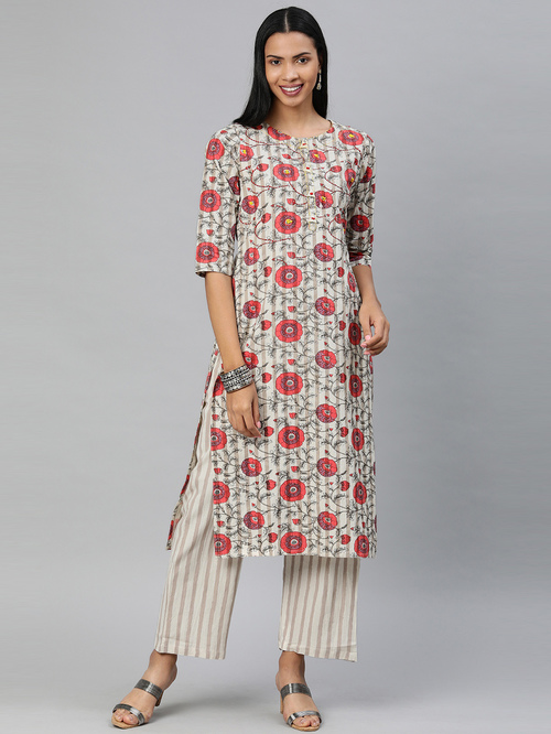 Divena Beige Floral Print Kurta Pant Set Price in India