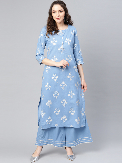 Varanga Blue Floral Print Kurti Palazzo Set Price in India