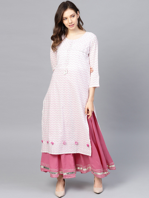 Ishin White & Pink Cotton Printed Kurta Skirt Set Price in India