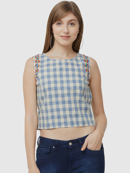 Fusion Beats Blue Plaid Pattern Crop Top Price in India