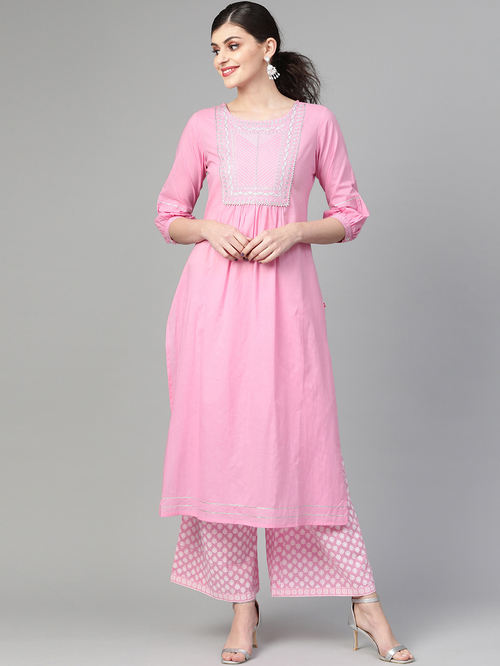 Varanga Pink Cotton Embroidered Kurta Palazzo Set Price in India