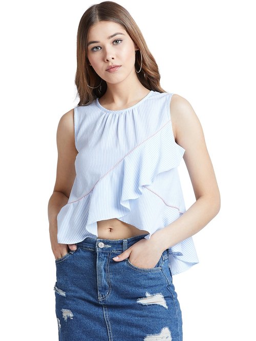 Bohobi Sky Blue & White Cotton Striped Crop Top Price in India