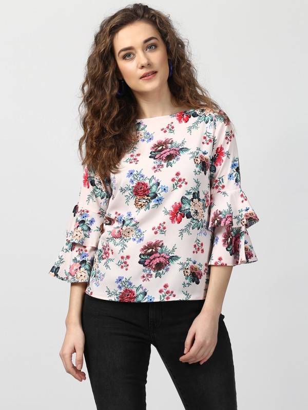 Casual Ruffled Sleeve Floral Print Women Multicolor Top Price in India