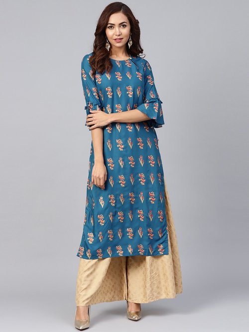 Juniper Blue Floral Print Straight Kurti Price in India