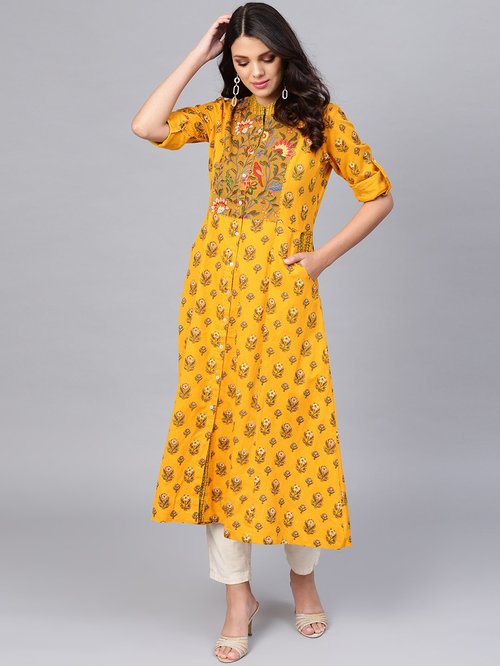 Divena Yellow Floral Print A Line Kurti Price in India