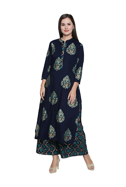 Ishin Navy Printed Kurti Palazzo Set Price in India