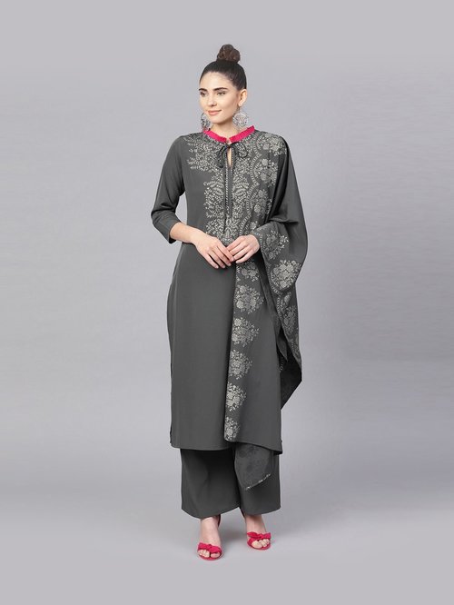 Ahalyaa Grey Floral Print Suit Set Price in India