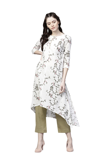 Ishin White & Green Printed Kurti Pant Set Price in India